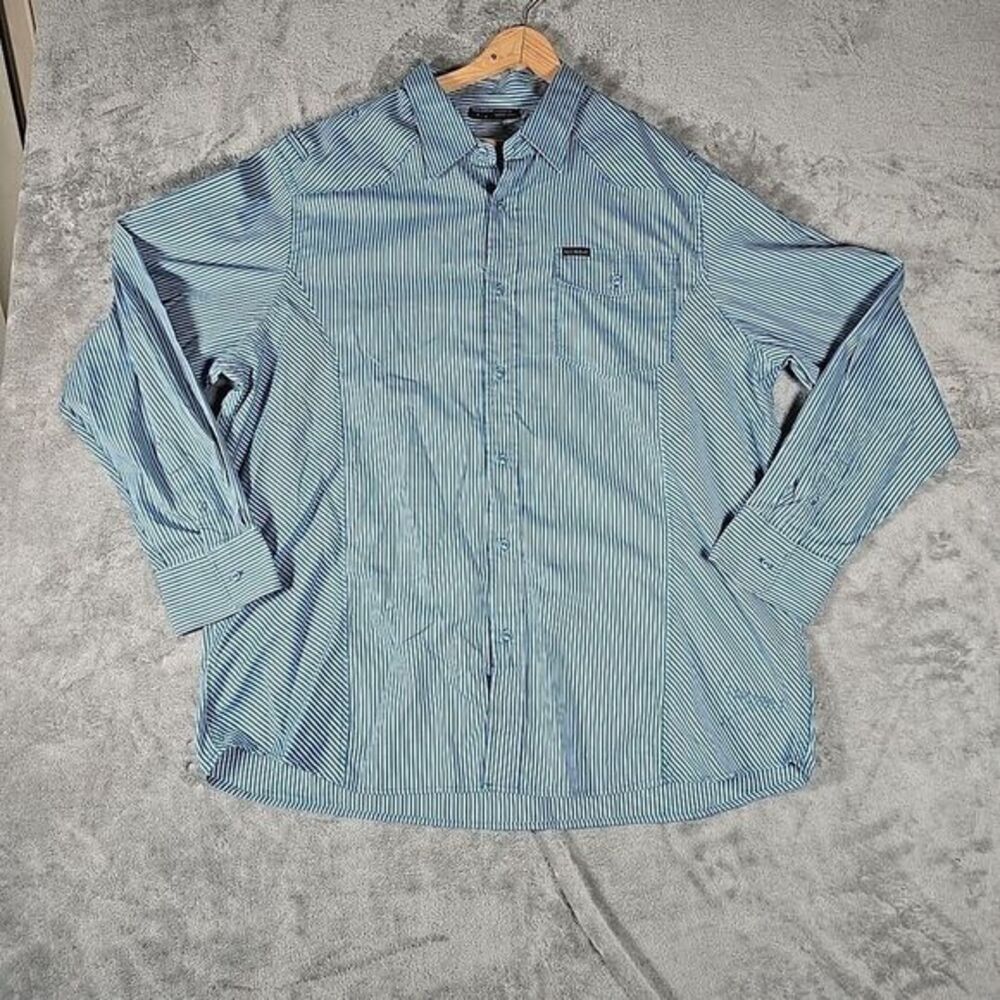 Vintage Rocawear Shirt Mens 3XL Blue Striped‎ Longsleeve Button Up Embroidered